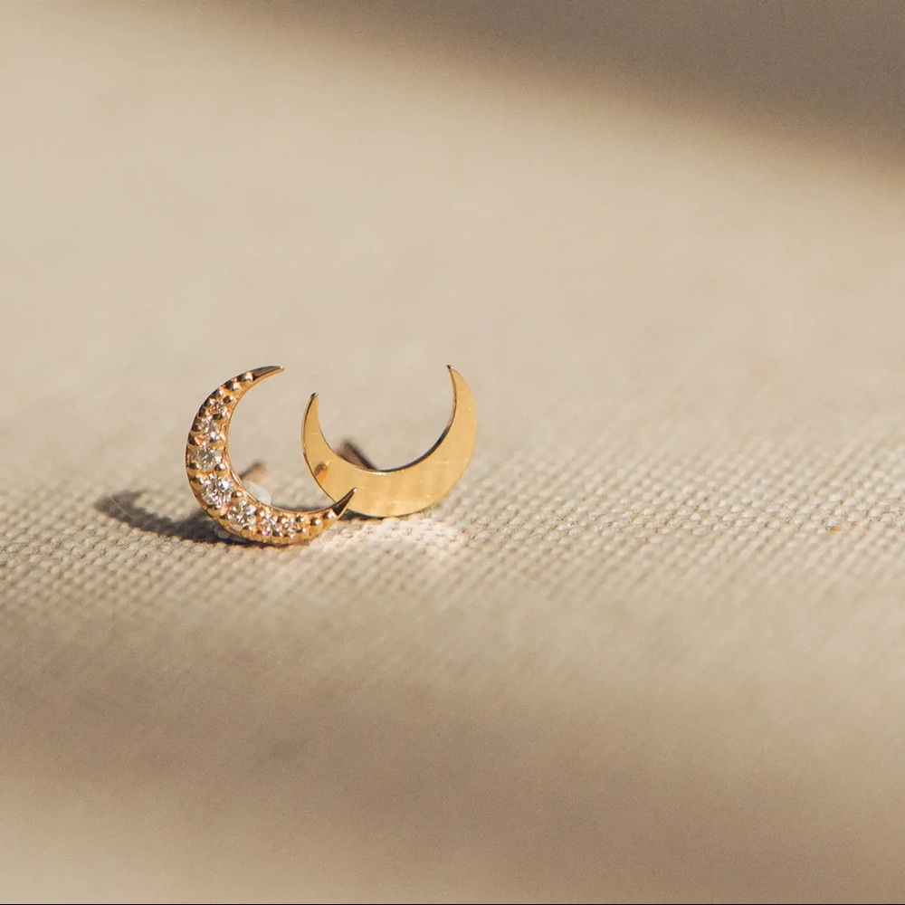 Bluboho Lunar Moon Phase Pair Earrings - 14k recycled yellow gold & diamonds